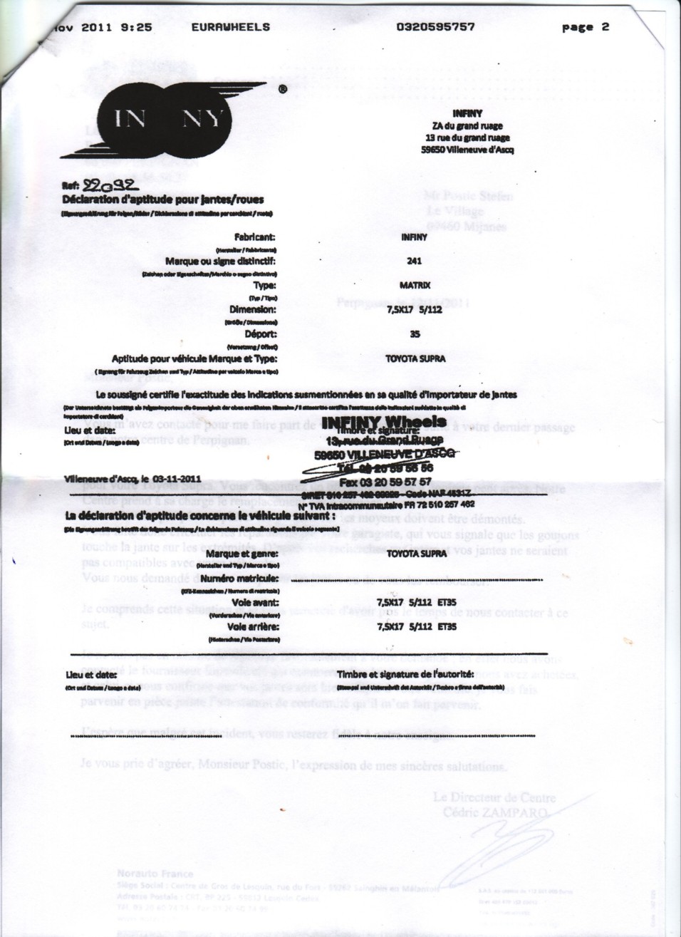 attestation homologation des jantes sur ma Supra